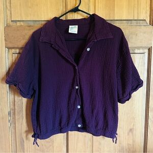Thereabouts 100% cotton Relaxed Button-Front Short Sleeve Top in Deep Plum